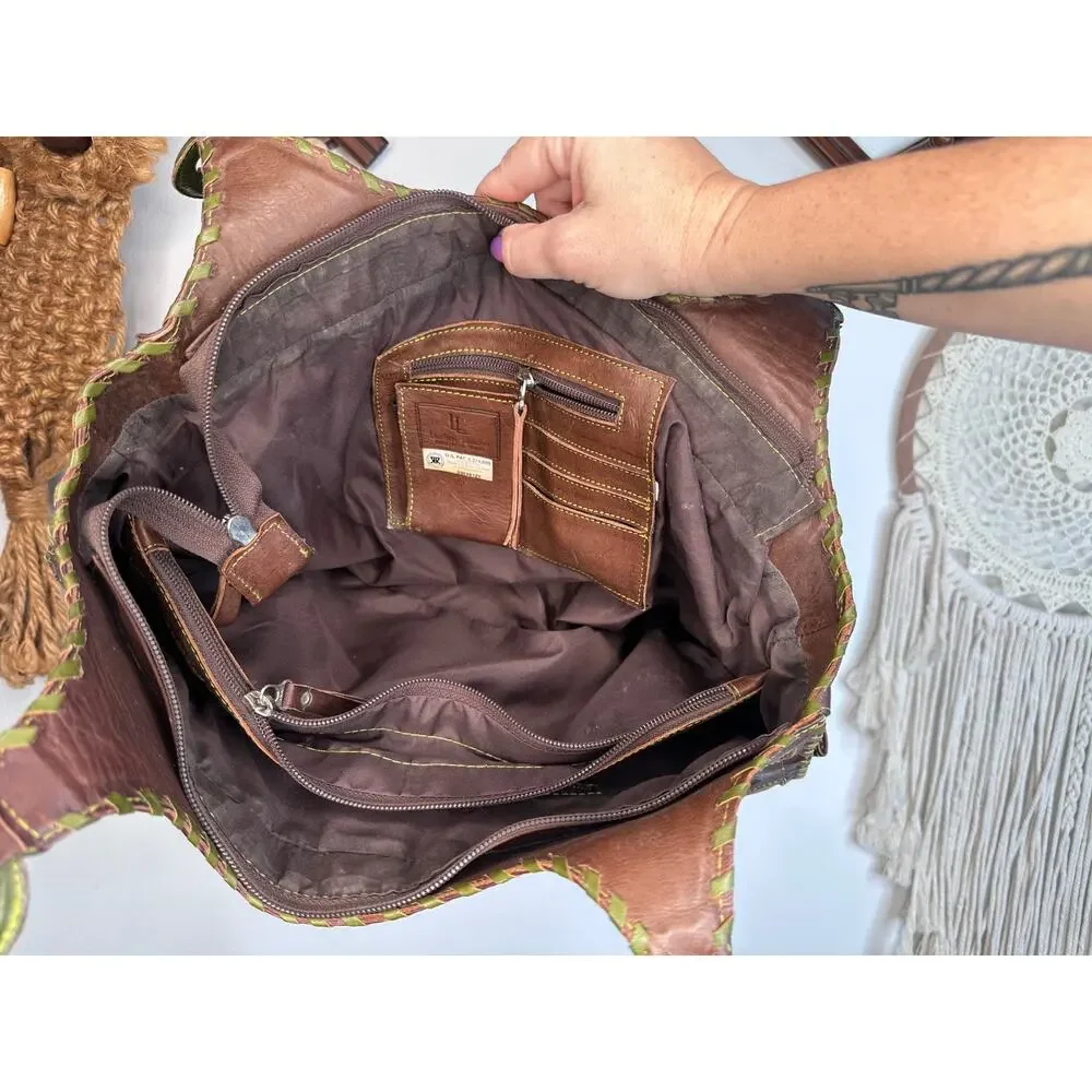 Leaders in Leather Brown Green Tooled Shoulder Bag